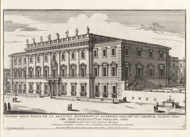 Palazzo nella Piazza de SS Apostoli ristaurato et adornato dall' em.mo sig.r cardinal Flavio Chig, Palazzo Chigi-Odescalchi in Rome, Modern buildings in Rome, Il quarti libro del nuovo teatro delli palazzi in prospettiva di Roma moderna daton in luce sotto il felice pontificato de nostro signore papa Innocenzo Print is part of an album., printmaker: Alessandro Specchi, Italy, after drawing by Alessandro Specchi, publisher: Domenico de' Rossi, Rome, grantor of privilege: Innocent XII, Vatican City, dedicated by: Domenico de' Rossi, dedicated to: Clement XI, 1699, Alessandro Specchi, Domenico de' Rossi, Clement XI, printmaker, after drawing by, publisher, paper, etching, height 217 mm x width 335 mm, This print is part of a series of 52 prints depicting palaces in Rome. Together with four other series, it forms the large series: 'Il nuovo teatro di Roma moderna'., city-view, and landscape with man-made constructions, hotel, i.e. small palace in city, Palazzo Chigi-Odescalchi, A wide engr...