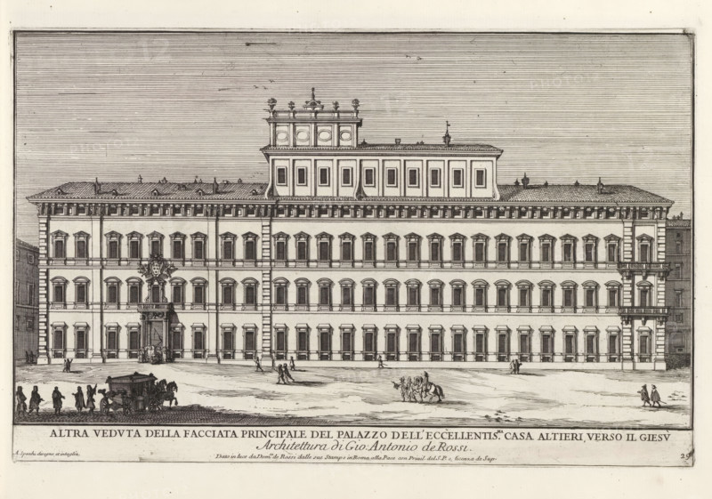 Altra veduta della facciata principale del Palazzo dell' eccellentis.ma casa Altieri, verso il Giesù..., Palazzo Altieri in Rome, Il quarti libro del nuovo teatro delli palazzi in prospettiva di Roma moderna daton in luce sotto il felice pontificato de nostro signore papa Innocenzo Print is part of an album., printmaker: Alessandro Specchi, Italy, after drawing by Alessandro Specchi, publisher: Domenico de' Rossi, Rome, grantor of privilege: Innocent XII, Vatican City, dedicated by: Domenico de' Rossi, dedicated to: Clement XI, 1699, Alessandro Specchi, Domenico de' Rossi, Clement XI, printmaker, after drawing by, publisher, paper, etching, height 211 mm x width 330 mm, This print is part of a series of 52 prints depicting palaces in Rome. Together with four other series, it forms the large series: 'Il nuovo teatro di Roma moderna'., city-view, and landscape with man-made constructions, hotel, i.e. small palace in city, Palazzo Altieri, A wide engraving of a large, multi-story classica...