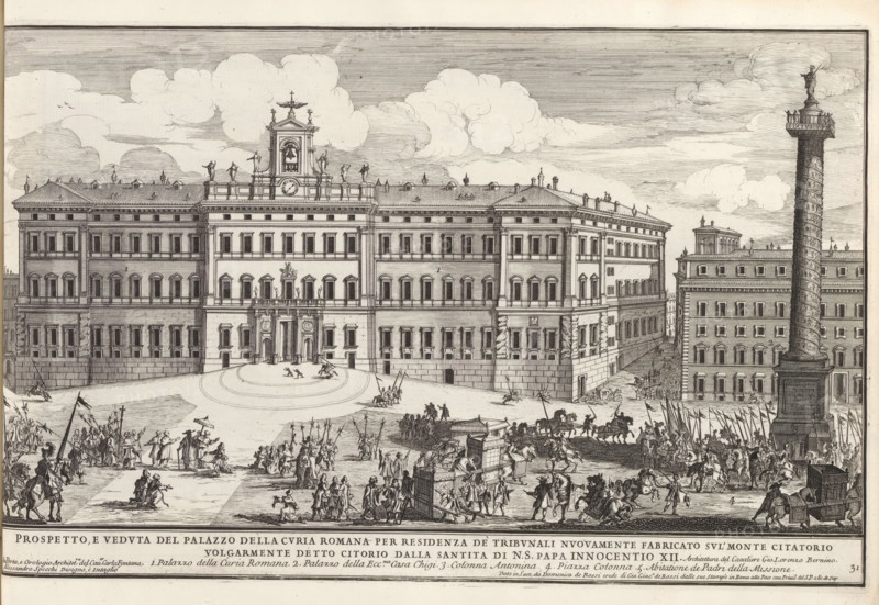 Prospetto, e veduta del palazzo della curia Romana per residenza de tribunali nuovamente fabricato sul' Monte Citatori, Palazzo Montecitorio in Rome, Il quarti libro del nuovo teatro delli palazzi in prospettiva di Roma moderna daton in luce sotto il felice pontificato de nostro signore papa Innocenzo Print is part of an album., printmaker: Alessandro Specchi, Italy, after drawing by Alessandro Specchi, publisher: Domenico de' Rossi, Rome, grantor of privilege: Innocent XII, Vatican City, dedicated by: Domenico de' Rossi, dedicated to: Clement XI, 1699, Alessandro Specchi, Domenico de' Rossi, Clement XI, printmaker, after drawing by, publisher, paper, etching, height 244 mm x width 380 mm, This print is part of a series of 52 prints depicting palaces in Rome. Together with four other series, it forms the large series: 'Il nuovo teatro di Roma moderna'., city-view, and landscape with man-made constructions, hotel, i.e. small palace in city, Palazzo Montecitorio, A wide view shows a larg...