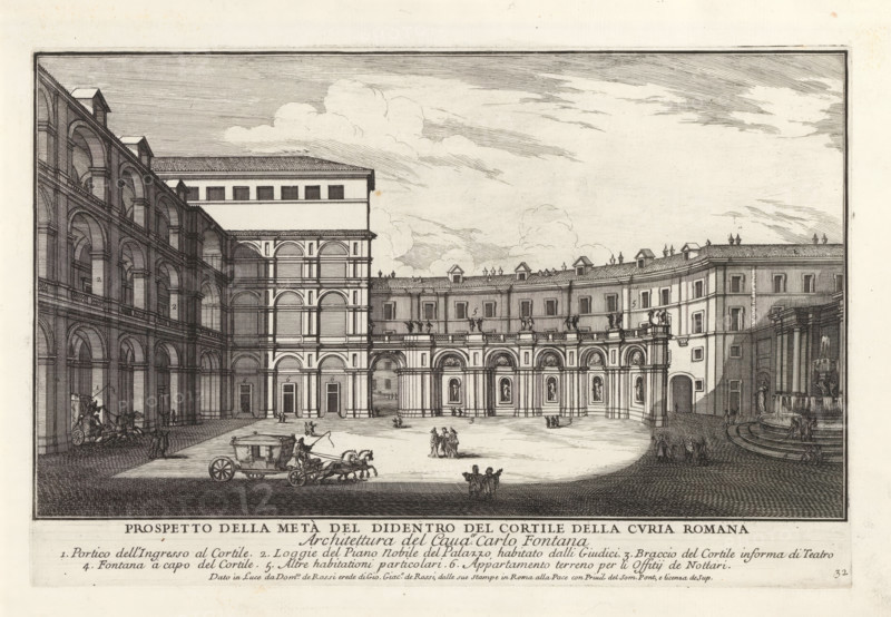 Prospetto della metà del didentro del cortile della curia Roman, Courtyard of Palazzo Montecitorio in Rome, Il nuovo teatro di Roma moderna, Il quarti libro del nuovo teatro delli palazzi in prospettiva di Roma moderna daton in luce sotto il felice pontificato de nostro signore papa Innocenzo Print is part of an album., printmaker: Alessandro Specchi, Italy, publisher: Domenico de' Rossi, Rome, grantor of privilege: Innocent XII, Vatican City, dedicated by: Domenico de' Rossi, dedicated to: Clement XI, 1699, Domenico de' Rossi, Innocent XII, Clement XI, printmaker, after drawing by, publisher, grantor of privilege, paper, etching, height 218 mm x width 330 mm, This print is part of a series of 52 prints depicting palaces in Rome. Together with four other series, it forms the large series: 'Il nuovo teatro di Roma moderna'., city-view, and landscape with man-made constructions, hôtel, i.e. small palace in city, inner court of palace or 'hôtel', Palazzo Montecitorio, A large engraved arc...