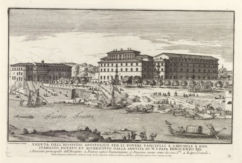 Veduta dell'hospitio apostolico per li poveri fanciulli à S. michele à Rip, Ospizio di San Michele a Ripa Grande in Rome, Modern buildings in Rome, Il quarti libro del nuovo teatro delli palazzi in prospettiva di Roma moderna daton in luce sotto il felice pontificato de nostro signore papa Innocenzo Title and an explanatory list of numbers in the bottom margin. Print is part of an album., printmaker: Alessandro Specchi, Italy, after drawing by Alessandro Specchi, publisher: Domenico de' Rossi, Rome, grantor of privilege: Innocent XII, Vatican City, dedicated by: Domenico de' Rossi, dedicated to: Clement XI, 1699, Alessandro Specchi, Domenico de' Rossi, Clement XI, printmaker, after drawing by, publisher, paper, etching, height 219 mm x width 330 mm, This print is part of a series of 52 prints depicting palaces in Rome. Together with four other series it forms the large series: 'Il nuovo teatro di Roma moderna'., harbour, river, hospital, city-view, and landscape with man-made construct...