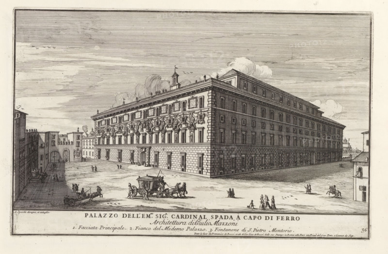 Palazzo dell' em.mo sig.r cardinal Spada a Capo di Ferr, Palazzo Spada te Rome, Il quarti libro del nuovo teatro delli palazzi in prospettiva di Roma moderna daton in luce sotto il felice pontificato de nostro signore papa Innocenzo XI, (libro quarto), Modern buildings in Rome, Il nuovo teatro di Roma moderna, print, album page, Series number, 36, 52, Title and an explanatory list of numbers in the bottom margin. Print is part of an album., printmaker: Alessandro Specchi, Italy, after drawing by Alessandro Specchi, publisher: Domenico de' Rossi, Rome, grantor of privilege: Innocent XII, Vatican City, dedicated by: Domenico de' Rossi, dedicated to: Clement XI, 1699, Alessandro Specchi, Domenico de' Rossi, Clement XI, printmaker, after drawing by, publisher, paper, etching, height 208 mm x width 330 mm, This print is part of a series of 52 prints depicting palaces in Rome. Together with four other series, it forms the large series: 'Il nuovo teatro di Roma moderna'., city-view, and lands...