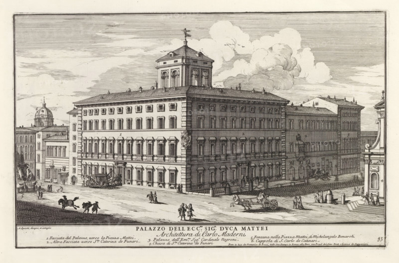Palazzo Mattei in Rome, Palazzo dell ecc.mo sig.r duca Mattei, Modern buildings in Rome, Il nuovo teatro di Roma moderna, Il quarti libro del nuovo teatro delli palazzi in prospettiva di Roma moderna daton in luce sotto il felice pontificato de nostro signore papa Innocenzo Print is part of an album., printmaker: Alessandro Specchi, Italy, publisher: Domenico de' Rossi, Rome, grantor of privilege: Innocent XII, Vatican City, dedicated by: Domenico de' Rossi, dedicated to: Clement XI, 1699, Domenico de' Rossi, Innocent XII, Clement XI, printmaker, after drawing by, publisher, grantor of privilege, paper, etching, height 208 mm x width 327 mm, This print is part of a series of 52 prints depicting palaces in Rome. Together with four other series, it forms the large series: 'Il nuovo teatro di Roma moderna'., city-view, and landscape with man-made constructions, hotel, i.e. small palace in city, Palazzo Mattei, A large classical building with many rectangular windows and decorative window ...
