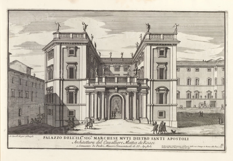 Palazzo Muti te Rome, Palazzo dell' ill.mo sig.r marchese Muti dietro Santi Apostol, Il nuovo teatro di Roma moderna, Il quarti libro del nuovo teatro delli palazzi in prospettiva di Roma moderna daton in luce sotto il felice pontificato de nostro signore papa Innocenzo Print is part of an album., printmaker: Alessandro Specchi, Italy, after drawing by Alessandro Specchi, publisher: Domenico de' Rossi, Rome, grantor of privilege: Innocent XII, Vatican City, dedicated by: Domenico de' Rossi, dedicated to: Clement XI, 1699, Alessandro Specchi, Domenico de' Rossi, Clement XI, printmaker, after drawing by, publisher, paper, etching, height 210 mm x width 330 mm, This print is part of a series of 52 prints depicting palaces in Rome. Together with four other series, it forms the large series: 'Il nuovo teatro di Roma moderna'., city-view, and landscape with man-made constructions, hotel, i.e. small palace in city, Palazzo Muti, A detailed architectural engraving of a grand building facade wi...