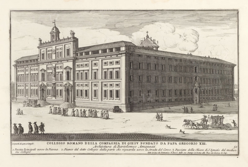 Collegio Romano della compagnia di Giesu fondato da papa Gregorio XI, (libro quarto), Modern buildings in Rome, Il nuovo teatro di Roma moderna, print, album page, Series number, 50, 52, Title and a list of explanatory numbers in the bottom margin. Print is part of an album., printmaker: Alessandro Specchi, Italy, publisher: Domenico de' Rossi, Rome, grantor of privilege: Innocent XII, Vatican City, dedicated by: Domenico de' Rossi, dedicated to: Clement XI, 1699, Domenico de' Rossi, Innocent XII, Clement XI, printmaker, after drawing by, publisher, grantor of privilege, paper, etching, height 210 mm x width 326 mm, This print is part of a series of 52 prints depicting palaces in Rome. Together with four other series, it forms the large series: 'Il nuovo teatro di Roma moderna'., city-view, and landscape with man-made constructions, university building, college, Collegio Romano, A wide architectural engraving shows a large rectangular building with a detailed façade, rows of windows, d...