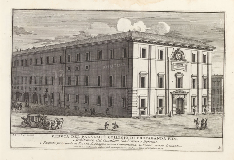 Collegio de Propaganda Fide in Rome, Veduta del Palazzo è collegio di propaganda fid, Modern buildings in Rome, Il nuovo teatro di Roma moderna, Il quarti libro del nuovo teatro delli palazzi in prospettiva di Roma moderna daton in luce sotto il felice pontificato de nostro signore papa Innocenzo Print is part of an album., printmaker: Alessandro Specchi, Italy, publisher: Domenico de' Rossi, Rome, grantor of privilege: Innocent XII, Vatican City, dedicated by: Domenico de' Rossi, dedicated to: Clement XI, 1699, Domenico de' Rossi, Innocent XII, Clement XI, printmaker, after drawing by, publisher, grantor of privilege, paper, etching, height 215 mm x width 327 mm, This print is part of a series of 52 prints depicting palaces in Rome. Together with four other series, it forms the large series: 'Il nuovo teatro di Roma moderna'., city-view, and landscape with man-made constructions, hotel, i.e. small palace in city, Collegio de Propaganda Fide, A wide etching of a large rectangular build...