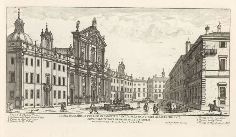 Santa Maria in Campitelli in Rome, Chiesa di S. Maria in Portico in Campitell, Il nuovo teatro di Roma moderna, Modern buildings in Rome, Il nuovo teatro delle fabriche, et edificii, in prospettiva di Rome Modern, (libro primo), print, album page, Series number, 32, 35, Title and a glossary of numbers in the bottom margin. Print is part of an album., printmaker: Giovanni Battista Falda, Italy, publisher: Giovanni Giacomo de' Rossi, Rome, grantor of privilege: Alexander VII, Vatican City, dedicated by: Giovanni Giacomo de' Rossi, dedicated to: Alexander VII, 1665, Giovanni Giacomo de' Rossi, Alexander VII, printmaker, after drawing by, publisher, grantor of privilege, paper, etching, height 176 mm x width 339 mm, This print is part of a series of 35 prints depicting buildings in Rome. Together with four other series, it forms the large series: 'Il nuovo teatro di Roma moderna'., square, circus, church (exterior), city-view, and landscape with man-made constructions, Santa Maria in Campi...