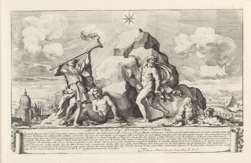 Allegory of the Chigi family and a dedication to Mario Chigi, Il secondo libro del novo teatro delle fabriche, et edificii, fatte fare in Roma, e fuori di Roma dalla santita di nostro signore papa Alessandro VI, (libro secondo), Il nuovo teatro di Roma moderna, Modern buildings in Rome, print, album page, An allegorical representation with a rock surmounted by a star, the elements from the coat of arms of the Chigi family, the family of Pope Alexander VII. Various allegorical figures are standing and sitting in front of the rock. In the background, a view of various buildings in Rome. Below, a banner with a dedication to Mario Chigi. Print is part of an album., printmaker: Giovanni Francesco Venturini, Italy, publisher: Giovanni Giacomo de' Rossi, Rome, grantor of privilege: Alexander VII, Vatican City, dedicated by: Giovanni Giacomo de' Rossi, dedicated to: Mario Chigi, 1665 - 1667, Giovanni Giacomo de' Rossi, Alexander VII, Mario Chigi, printmaker, publisher, grantor of privilege, pa...