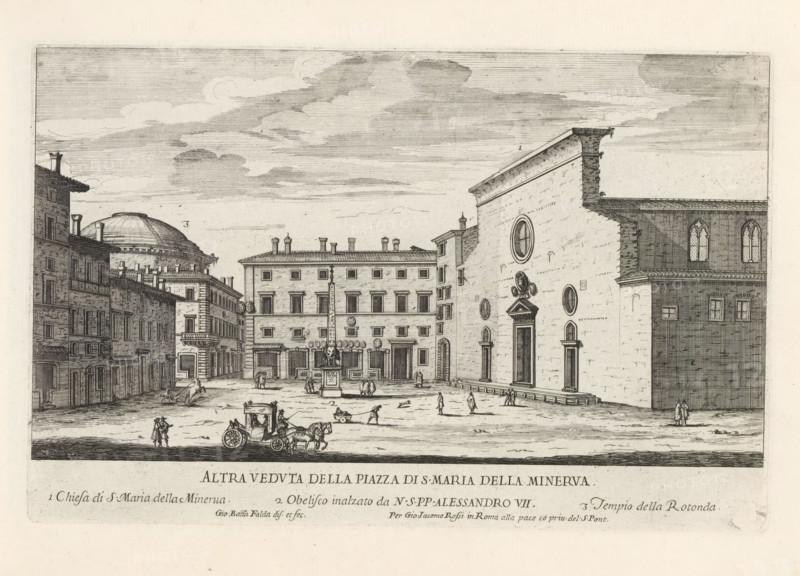Piazza della Minerva and the church of Santa Maria sopra Minerva in Rome, Altre veduta della Piazza di S. Maria della Minerva, Il nuovo teatro di Roma moderna, Modern buildings in Rome, Il secondo libro del novo teatro delle fabriche, et edificii, fatte fare in Roma, e fuori di Roma dalla santita di nostro signore papa Alessandro VI, (libro secondo), print, album page, Title and an explanatory list of numbers in the bottom margin. Print is part of an album., printmaker: Giovanni Battista Falda, Italy, publisher: Giovanni Giacomo de' Rossi, Rome, grantor of privilege: Alexander VII, Vatican City, dedicated by: Giovanni Giacomo de' Rossi, dedicated to: Mario Chigi, 1665 - 1667, Giovanni Giacomo de' Rossi, Alexander VII, Mario Chigi, printmaker, after drawing by, publisher, grantor of privilege, paper, etching, height 189 mm x width 292 mm, This print is part of a series of 17 prints depicting buildings in Rome. Together with four other series, it forms the large series: 'Il nuovo teatro ...