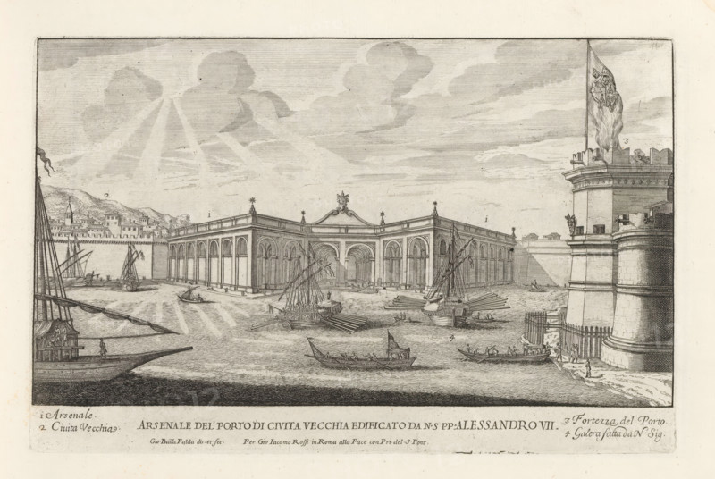Arsenale del' Porto di Civita Vecchia edificato da NS pp. Alessandro VII, Port of Civitavecchia, Il secondo libro del novo teatro delle fabriche, et edificii, fatte fare in Roma, e fuori di Roma dalla santita di nostro signore papa Alessandro VI, (libro secondo), Il nuovo teatro di Roma moderna, Modern buildings in Rome, print, album page, Title and an explanatory list of numbers in the bottom margin. Print is part of an album., printmaker: Giovanni Battista Falda, Italy, after drawing by Giovanni Battista Falda, publisher: Giovanni Giacomo de' Rossi, Rome, grantor of privilege: Alexander VII, Vatican City, dedicated by: Giovanni Giacomo de' Rossi, dedicated to: Mario Chigi, 1665 - 1667, Giovanni Battista Falda, Giovanni Giacomo de' Rossi, Mario Chigi, printmaker, after drawing by, publisher, paper, etching, height 189 mm x width 294 mm, This print is part of a series of 17 prints depicting buildings in Rome. Together with four other series, it forms the large series: 'Il nuovo teatro ...