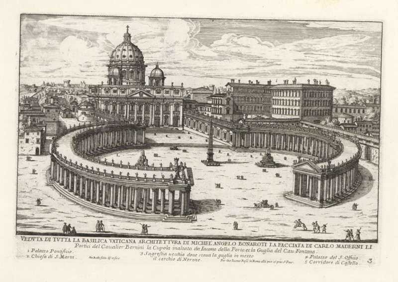St. Peter's Basilica and St. Peter's Square in Vatican City, Veduta di tutta la Basilica Vatican, Il terzo libro del'novo teatro delle chiese di Roma date in luce sotto il felice pontificato di nostro signore papa Clemente IX... (libro terzo), Il nuovo teatro di Roma moderna, Modern buildings in Rome, print, album page, Series number, 3, 38, Title and an explanatory list of numbers in the lower margin. Print is part of an album., printmaker: Giovanni Battista Falda, Italy, after drawing by Giovanni Battista Falda, publisher: Giovanni Giacomo de' Rossi, Rome, grantor of privilege: Clement IX, Vatican City, dedicated by: Giovanni Giacomo de' Rossi, dedicated to: Clement IX, 1669 - 1670, Giovanni Battista Falda, Giovanni Giacomo de' Rossi, printmaker, after drawing by, publisher, paper, etching, height 199 mm x width 294 mm, This title print is part of a series of 38 prints depicting churches in Rome. Together with four other series, it forms the large series: 'Il nuovo teatro di Roma mod...