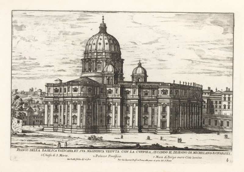 St. Peter's Basilica in the Vatican City, Fianco della Basilica Vaticana et sua magnifica veduta con la cuppol, Il terzo libro del'novo teatro delle chiese di Roma date in luce sotto il felice pontificato di nostro signore papa Clemente IX... (libro terzo), Il nuovo teatro di Roma moderna, Modern buildings in Rome, print, album page, Series number, 4, 38, Title and an explanatory list of numbers in the bottom margin. Print is part of an album., printmaker: Giovanni Battista Falda, Italy, publisher: Giovanni Giacomo de' Rossi, Rome, grantor of privilege: Clement IX, Vatican City, dedicated by: Giovanni Giacomo de' Rossi, dedicated to: Clement IX, 1669 - 1670, Giovanni Giacomo de' Rossi, Clement IX, printmaker, after drawing by, publisher, grantor of privilege, paper, etching, height 199 mm x width 292 mm, This title print is part of a series of 38 prints depicting churches in Rome. Together with four other series, it forms the large series: 'Il nuovo teatro di Roma moderna'., church (ex...