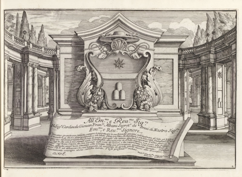 Ornamental coat of arms with coat of arms of Cardinal Giovanni Francesco Albani, the later Pope Clement XI, (libro quarto), Moderne gebouwen te Rome, Il nuovo teatro di Roma moderna, print, albumblad, Series number, 2, 52, Ornamenteel wapenschild met wapen van kardinaal Giovanni Francesco Albani, de latere paus Clemens XI. under a banderole with dedication. Print is part of an album., printmaker: Alessandro Specchi, Italy, publisher: Domenico de' Rossi, Rome, grantor of privilege: Innocent XII, Vatican City, dedicated by: Domenico de' Rossi, dedicated to: Clement XI, 1699, Domenico de' Rossi, Innocent XII, Clement XI, printmaker, after drawing by, publisher, grantor of privilege, paper, etching, height 228 mm x width 333 mm, This print is part of a series of 52 prints depicting palaces in Rome. Together with four other series, it forms the large series: 'Il nuovo teatro di Roma moderna'., coat of arms (symbol of sovereignty), A detailed engraved architectural scene shows a large ornate...