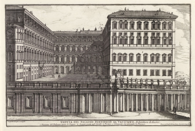 Apostolic Palace in Vatican City, Veduta del Palazzo Pontificio al Vaticano, Il nuovo teatro di Roma moderna, Il quarti libro del nuovo teatro delli palazzi in prospettiva di Roma moderna daton in luce sotto il felice pontificato de nostro signore papa Innocenzo Print is part of an album., printmaker: Alessandro Specchi, Italy, publisher: Domenico de' Rossi, Rome, grantor of privilege: Innocent XII, Vatican City, dedicated by: Domenico de' Rossi, dedicated to: Clement XI, 1699, Domenico de' Rossi, Innocent XII, Clement XI, printmaker, after drawing by, publisher, grantor of privilege, paper, etching, height 215 mm x width 327 mm, This print is part of a series of 52 prints depicting palaces in Rome. Together with four other series, it forms the large series: 'Il nuovo teatro di Roma moderna'., palace, Apostolic Palace, A detailed black and white architectural engraving of a large multi-story palace with colonnades and an open courtyard viewed from an oblique angle, showing rows of arch...