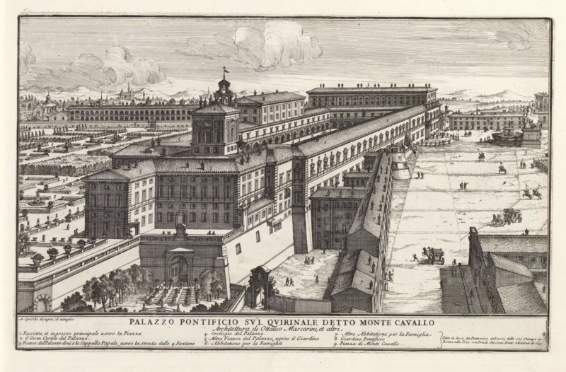 Palazzo Pontificio su'l Quirinale detto Monte Cavallo, Palazzo del Quirinale te Rome, Il quarti libro del nuovo teatro delli palazzi in prospettiva di Roma moderna daton in luce sotto il felice pontificato de nostro signore papa Innocenzo XI, (libro quarto), Modern buildings in Rome, Il nuovo teatro di Roma moderna, print, album page, Series number, 4, 52, Title and an explanatory list of numbers in the bottom margin. Print is part of an album., printmaker: Alessandro Specchi, Italy, after drawing by Alessandro Specchi, publisher: Domenico de' Rossi, Rome, grantor of privilege: Innocent XII, Vatican City, dedicated by: Domenico de' Rossi, dedicated to: Clement XI, 1699, Alessandro Specchi, Domenico de' Rossi, Clement XI, printmaker, after drawing by, publisher, paper, etching, height 208 mm x width 333 mm, This print is part of a series of 52 prints depicting palaces in Rome. Together with four other series, it forms the large series: 'Il nuovo teatro di Roma moderna'., palace, Palazzo...