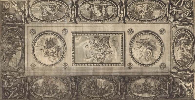 Ceiling piece with Apollo, Minerva and Mercury and the personifications of the liberal arts, Le Cabinet des Beaux Arts, ou Recueil Des Plus Belles Estampes, gravées d'aprés les Tableaux Originaux, print, album page, Minerva and Mercury and the personifications of the liberal arts. Print is part of an album., after print by Juan Dolívar, after drawing by Juan Dolívar, publisher: Gerard Edelinck, Paris, 1695, Juan Dolívar, Gerard Edelinck, printmaker, after print by, after drawing by, publisher, paper, etching, height 265 mm x width 149 mm, (decorated) ceiling, Apollo and the Muses, Apollo Musagetes, A rectangular ceiling panel with a central rectangular painting framed by ornate borders is surrounded by circular and oval medallions each containing classical-style scenes of human figures and cherubs rendered in fine monochrome engraving; winged cherubim and reclining putti appear at the corners and along the sides, some holding drapery or musical instruments, while standing male figures ...