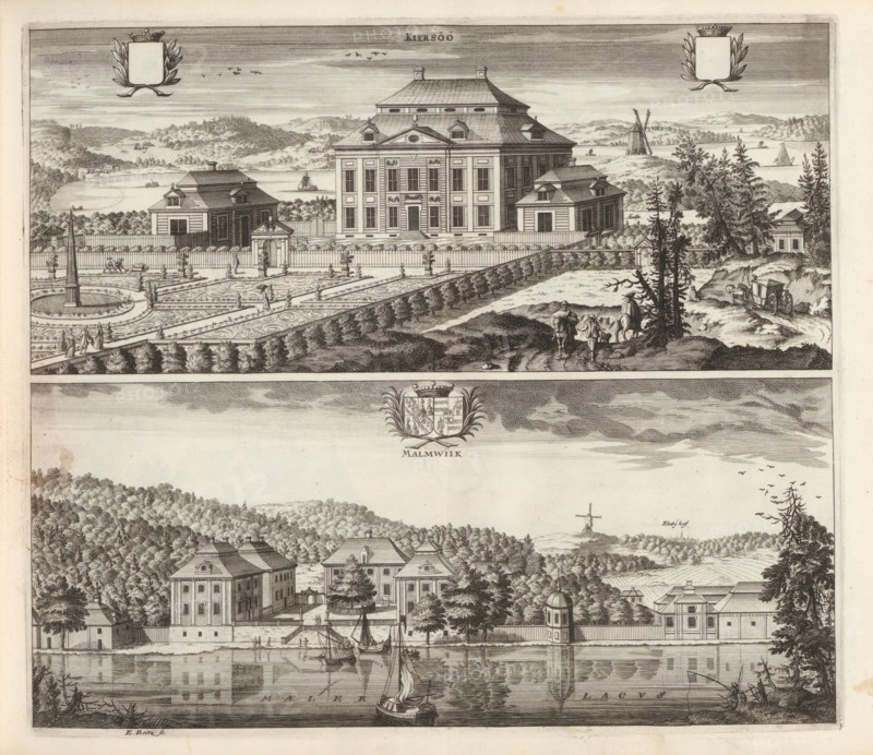 View of the Kärsö house and the mansion Malmvik, Kiersöö, Malmwiik, Suecia Antiqua et Hodierna, print, album page, printmaker: Erik Reitz, supervision: Erik Jönssen Dahlberg, 1695, paper, etching, height 290 mm x width 331 mm, garden, housing, Ekerö, Herenhuis Malmvik, Huis Kärsö, An engraved scene showing a formal estate with a large central mansion flanked by smaller pavilions, surrounded by fences and ornamental gardens with patterned parterres and a circular fountain or obelisk feature, pathways, and scattered statues; figures walk and stand in the garden while carriages, a wagon, and a group of mounted and walking people travel along a dirt road lined with trees and shrubbery in the foreground; beyond the estate a body of water contains several sailing boats and a shoreline with rolling hills, windmills, and scattered trees; the sky above is filled with horizontal shading and small flocks of birds; a decorative coat of arms appears between the two main horizontal sections of the p...