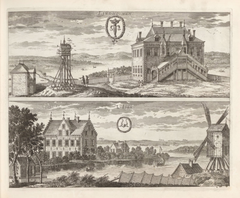 Lindholmen, Lidöön, View of the Lindholmen mansion and the Lidö house, Suecia Antiqua et Hodierna, print, album page, printmaker: Nicolas Perelle, supervision: Erik Jönssen Dahlberg, 1670 - 1674, paper, etching, height 266 mm x width 331 mm, garden, housing, Norrtälje, Herenhuis Lindholmen, Vallentuna, Herenhuis Lidö, A wide engraved scene depicting two horizontal panels stacked vertically, each showing waterfront views with buildings and landscape; the upper panel shows a large multi-story building with a steep roof, decorative chimneys, a prominent exterior staircase with balustrades leading to an arched doorway, circular and rectangular windows, and a fenced yard extending toward a body of water where small boats are visible, a tall wooden tower-like structure on a lattice base stands nearby, groups of small human figures in period clothing are scattered on the grounds, and distant hills form the background beneath a clouded sky; the lower panel shows a riverside mansion with multip...
