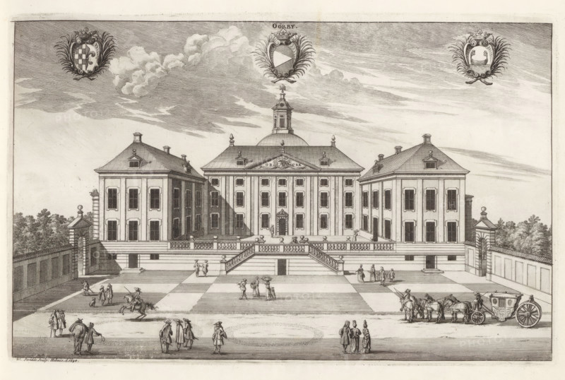 View of the renovated castle Örbyhus, Öörby, Suecia Antiqua et Hodierna, print, album page, printmaker: Willem Swidde, Stockholm, supervision: Erik Jönssen Dahlberg, 1694, paper, etching, height 217 mm x width 340 mm, palace, Tierp, Slot Örbyhus, An engraved view shows a large formal building with a central domed section flanked by symmetrical rectangular wings, each wing featuring rows of tall windows and a steep hipped roof with small dormers; a pedimented central entrance with columns sits above a broad terrace accessed by symmetrical staircases, and decorative balustrades line the terrace edge. In front of the building a paved forecourt displays small groups of people in period dress walking and conversing, some on foot and some on horseback, and a horse-drawn enclosed carriage stands at one side. The scene includes low boundary walls and gate structures at the sides, a distant line of trees beyond the walls, and a sky filled with etched clouds and three ornamental cartouches near ...