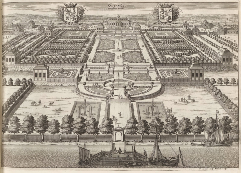 Östanåå meridiem versus, View of the Östanå mansion and the garden, from the south, Suecia Antiqua et Hodierna, print, album page, printmaker: Willem Swidde, Stockholm, supervision: Erik Jönssen Dahlberg, 1694, paper, etching, height 266 mm x width 383 mm, garden, housing, Herenhuis Östanå, A wide engraved view of a formal garden and estate seen from the water, showing a docked barge and several sailing boats in the foreground, a stepped promenade leading to an ornate arched gateway, a broad central avenue flanked by rows of trees and rectangular water basins with fountains, symmetrical parterres with intricate patterned plantings and low balustrades, groups of small human figures walking or standing throughout the terraces, obelisk and statues within the central axis, long hedged alleys and avenues stretching toward a grand mansion on a raised terrace, numerous pavilions and walled garden compartments on either side, formal clipped trees and geometric planting beds, a distant hilly la...
