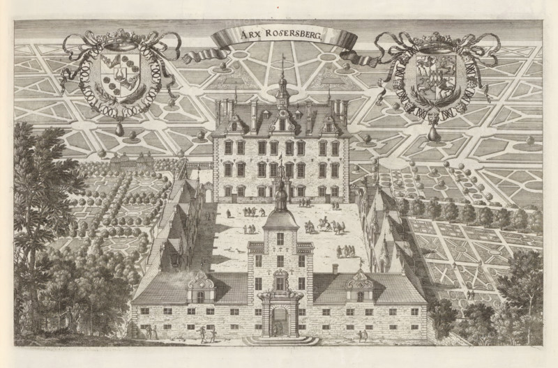 View of Rosersberg Castle, Arx Rosersberg, Suecia Antiqua et Hodierna, print, album page, printmaker: Nicolas Perelle, supervision: Erik Jönssen Dahlberg, 1670 - 1674, paper, etching, height 212 mm x width 343 mm, housing, Sigtuna, Slot Rosersberg, A detailed engraved view of a large formal building seen from above with a central courtyard and flanking wings, the façade showing multiple windows, decorative gables, and a central arched entrance with steps. The courtyard contains small groups of people and a rider on horseback, and a tall ornamental cupola or tower rises near the middle of the composition. Symmetrical parterre gardens and patterned walkways extend behind the building, with geometric beds, clipped trees, and circular planting areas. Two ornate heraldic shields with ribbons and crowns are positioned in the upper corners, and a ribbon-like banner arches across the top. Dense clusters of trees frame the scene at the left and right edges, and rows of smaller buildings or pavi...
