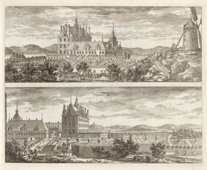 View of Rosersberg Castle, from the east and the west, Roosersberg Orientem versus, Roosersberg Occidentem versus, Suecia Antiqua et Hodierna, print, album page, printmaker: Adam Perelle, supervision: Erik Jönssen Dahlberg, 1670 - 1674, paper, etching, height 276 mm x width 345 mm, housing, Sigtuna, Rosersberg Castle, An engraved scene showing a large ornate building with steep roofs, decorative gables, and tall chimneys, set behind formal gardens with geometric parterres and rows of trees; in front of the building there are figures and animals on pathways, including people walking and a person leading a horse; to the right a rocky slope rises to a stone windmill with visible sails and scattered milling equipment nearby; the background shows rolling wooded hills and a textured sky with scattered clouds and flocks of birds.