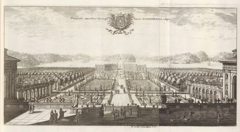 View of the garden from Rosersberg Castle, Prospectus amoenissimi Horti, qui Palatio Rosersberg est adsitus, Suecia Antiqua et Hodierna, print, album page, printmaker: Willem Swidde, Stockholm, supervision: Erik Jönssen Dahlberg, 1695, paper, etching, etching in two parts, folded, height 215 mm x width 420 mm, garden, housing, Sigtuna, Slot Rosersberg, A wide engraved view shows a formal garden seen from a terrace with balustrades, ornamental vases, and groups of people walking and standing; the terrace leads down to symmetrical parterres with patterned plantings, pathways, statues, and rows of trimmed trees extending toward a distant waterfront; flanking the central axis are colonnaded pavilions and long buildings with arched openings and sculptural reliefs, while in the background wooded hills and small sailing boats are visible on the water; the sky above contains scattered clouds and flocks of birds, and an ornate heraldic cartouche with foliage appears near the top center.