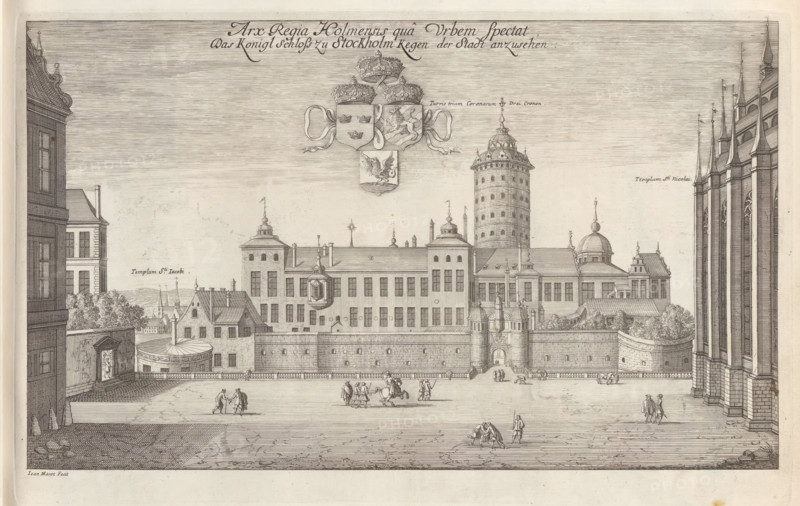 Arx Regia Holmensis qua Urbem spectat, Das Konigl Schloss zu Stockholm kegen der Stadt anzusehen, View of Tre Kronor Castle in Stockholm, on the city side, Suecia Antiqua et Hodierna, print, album page, printmaker: Jean Marot (I), France, supervision: Erik Jönssen Dahlberg, 1667, paper, etching, height 243 mm x width 381 mm, castle, Sweden, Stockholm, Södermalm, Gamla stan, Slot Tre Kronor, A wide engraved view of a city foregrounded by a large open square with scattered small groups of people walking and a few figures on horseback, framed on the left and right by tall, ornate building facades with windows and vertical architectural details, and centered on a fortified building complex with a high wall, an ornate gated entrance flanked by round towers, and a long multiwindowed palace-like structure behind the wall topped by domes, cupolas, pinnacles, and a tall cylindrical tower with rows of small windows; above the complex a decorative coat of arms with crowns and ribbon elements floa...