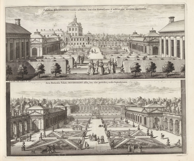 View of Rosersberg Castle and the garden from the south and the view of the garden on the north side, Palatium Rosersberg versus austrum, una cum Hortensi area et aedificii, quae aurantia appelantur, Area Hortensis Palatio Rosersberg adsita, una cum porticibus, versus Septentrionem, Suecia Antiqua et Hodierna, print, album page, printmaker: Willem Swidde, Stockholm, supervision: Erik Jönssen Dahlberg, 1696, paper, etching, height 279 mm x width 337 mm, garden, housing, Sigtuna, Rosersberg Castle, A wide engraved view of a formal garden framed by large classical buildings on either side and a central palace in the distance, with geometric parterre beds patterned with ornate designs and bordered by low hedges and pathways; urns and sculptural pedestals line the garden edges and central walk, and numerous small human figures in period dress stroll, converse, and gather on the main axis and side paths; clipped hedges and rows of small trees form terraces leading down to the parterres, whil...