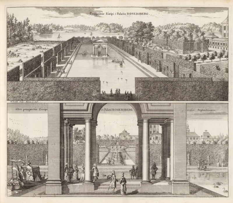 Prospectus Euripi e Palatio Rosersberg, Alter prospectus Euripi et Palatii Rosersberg versus Septentrionem, View of the moat of Rosersberg Castle, Suecia Antiqua et Hodierna, print, album page, printmaker: Willem Swidde, Stockholm, supervision: Erik Jönssen Dahlberg, 1696, paper, etching, height 287 mm x width 336 mm, garden, housing, Sigtuna, Rosersberg Castle, A detailed engraved scene showing a grand architectural colonnade opening onto a long formal garden with a central reflecting pool and terraces, flanked by high trimmed hedges and walls, with small sculpted figures standing and walking along the steps and pathways; boats are moored at the water's edge and swans glide in the pool, while distant trees, a shoreline with sailing boats, and pavilion-like buildings appear beyond the garden; intricate carved architectural details, statues, and groups of people in period dress are visible in the foreground and middle ground.