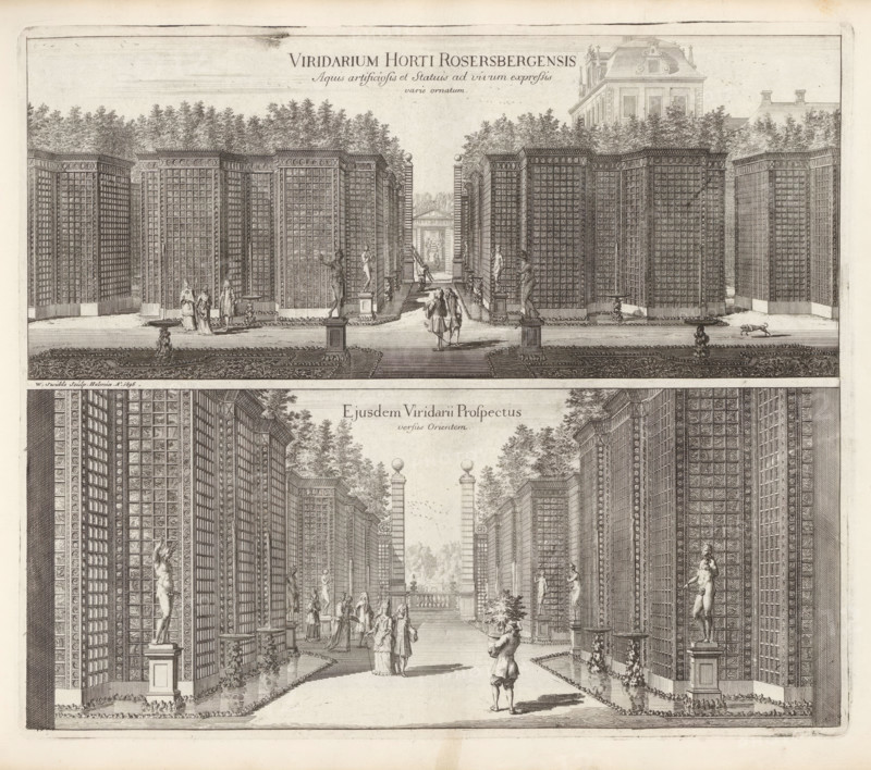 Greenhouses in the garden of Rosersberg Castle, Viridarium Horti Rosersbergensis Aquis artificiosis et Statuis ad vivum expressis varie ornatum, Ejusdem Viridarii Prospectus versus Orientem, Suecia Antiqua et Hodierna, print, album page, printmaker: Willem Swidde, Stockholm, supervision: Erik Jönssen Dahlberg, 1696, paper, etching, height 286 mm x width 334 mm, housing, greenhouse, orangery, Sigtuna, Rosersberg Castle, A detailed engraved view shows a formal garden avenue flanked by tall, lattice-patterned walls and trellis structures with ornamental cornices, interspersed with classical statues on pedestals and small planted shrubs at their bases; a central pathway runs between the rows leading toward a distant pavilion with architectural detailing, framed by pairs of columned gateposts topped with spherical finials, and behind the trellises are densely rendered trees and a multi-story building with a steep roof; along the avenue are groups of figures dressed in period clothing, some ...