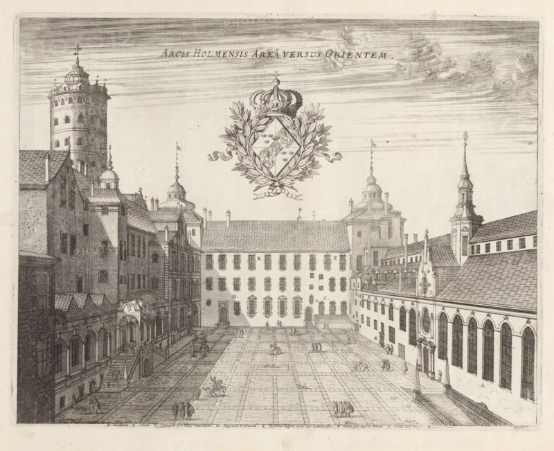 Arcis Holmensis Area Versus Orientem, Courtyard of Tre Kronor Castle, from the east, Suecia Antiqua et Hodierna, print, album page, printmaker: Jean Marot (I), France, supervision: Erik Jönssen Dahlberg, 1670, paper, etching, height 260 mm x width 334 mm, castle, Sweden, Stockholm, Södermalm, Gamla stan, Tre Kronor Castle, A wide engraving shows an open paved courtyard flanked by large multi-story buildings with rows of windows and steep roofs; on the left a tall cylindrical tower with small arched openings rises above adjacent buildings, and several domed and spired rooftop structures punctuate the skyline; the central building facade has evenly spaced windows and a row of small chimneys along the roof, while ornate architectural details and arched colonnades appear along the sides; in the courtyard small groups of tiny human figures are scattered, some walking and some standing, with a few horse-drawn carts and animals visible; above the scene a decorative crowned laurel wreath emble...
