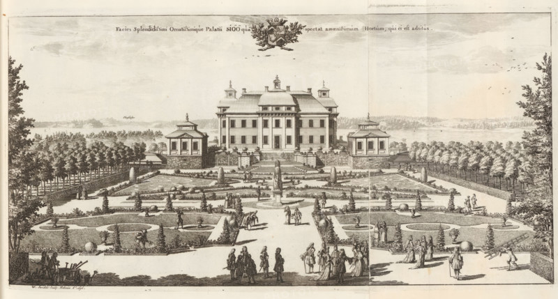 View of Sjöö Castle on the garden side, Facies Splendidissimi Ornatissimique Palatii Siöö qua spectat amoenissimum Hortum, qui ei est adsitus, Suecia Antiqua et Hodierna, print, album page, print maker: Willem Swidde, Stockholm, supervision: Erik Jönssen Dahlberg, 1696, printmaker, paper, etching, etching in two parts, folded, height 213 mm x width 422 mm, garden, housing, Enköping, Slot Sjöö, A wide engraved view shows a formal garden with symmetrical parterres, paths, clipped hedges, topiary, urns, and statues in the foreground, with many small groups of people in period clothing walking and conversing on the central avenue and along the paths. The midground features terraced steps leading up to a large classical mansion flanked by two pavilion-like buildings on raised platforms, with balustrades and ornamental plantings along the terrace. Rows of trees and low fences border the garden on both sides, and a body of water with distant wooded shores appears behind the house. The sky is ...