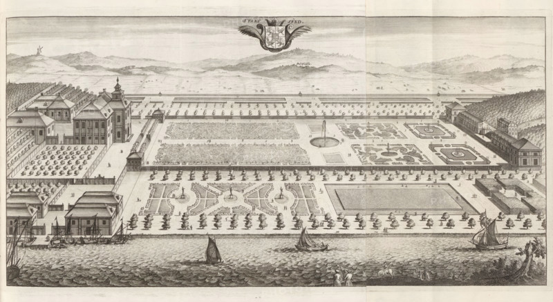 View of the Stavsund estate, Staafsund, Suecia Antiqua et Hodierna, print, album page, printmaker: Willem Swidde, supervision: Erik Jönssen Dahlberg, 1690 - 1696, paper, etching, etching in two parts, folded, height 214 mm x width 417 mm, garden, housing, Ekerö, Stavsund Estate, A wide engraved view shows a formal riverside estate with a large rectangular body of water in the foreground where several sailing vessels are at sea and small figures stand on the riverbank. Behind the water stretches a planted promenade lined with evenly spaced trees and pathways leading into a grand formal garden composed of symmetrically arranged parterres, fountains, circular basins, sculpted hedges, and patterned beds. Flanking the central garden are long classical buildings and pavilions with pitched roofs and multiple chimneys, courtyards enclosed by low walls, and rows of trees and orchards laid out in geometric plots. Further back the landscape opens to terraces and avenues with clipped tree lines an...