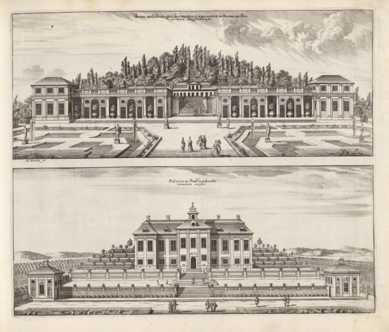 View of the greenhouses of the Stavsund estate and the main building from the east, Icon aedificii quo servantur rariores arbores ac flores horti Stafsundensis, Palatium Stafsundense Orientem versus, Suecia Antiqua et Hodierna, print, album page, printmaker: Erik Reitz, supervision: Erik Jönssen Dahlberg, 1694, paper, etching, height 280 mm x width 334 mm, housing, greenhouse, orangery, Ekerö, Estate Stavsund, A detailed architectural engraving showing two main horizontal scenes stacked vertically, each depicting a symmetrical classical building with formal gardens and terraces; the upper scene features a long low pavilion flanked by two taller pavilions, a central stepped approach leading up to a higher terrace with trees behind, ornamental urns and statues lining the forecourt, rectangular water basins and patterned parterres, and small groups of dressed figures walking and conversing; the lower scene shows a three-story mansion centered on a grand stairway, terraces with balustrades...