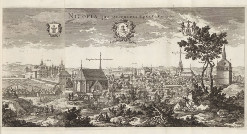 Nicopia qua orientem spectat, View of Nyköping, from the east, Suecia Antiqua et Hodierna, print, album page, printmaker: Adam Perelle, supervision: Erik Jönssen Dahlberg, 1669, paper, etching, etching in two parts, folded, height 213 mm x width 424 mm, city-view in general, 'veduta', Nyköping, A wide engraved landscape view shows a historic town with densely packed buildings, steeples, and towers rising from a clustered arrangement of rooftops, framed by rolling hills and cultivated gardens. In the foreground a rocky, uneven path winds past scattered trees and shrubs, with small groups of people walking and sitting among the rocks and vegetation. Near the center a large stone church with a steep roof dominates the scene, surrounded by numerous houses and smaller structures. To the left a formal garden with radiating paths and geometric beds lies beside a fortified complex with tall, ornate towers. To the right a tall cylindrical tower with a conical roof stands near a large leafy tree...