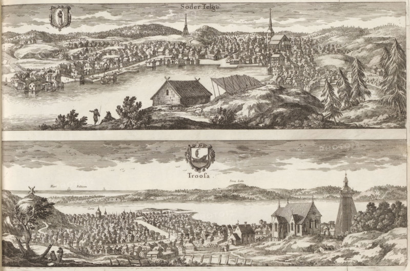 View of Södertälje and Trosa, Söder Telge, Troosa, Suecia Antiqua et Hodierna, print, album page, printmaker: Jean Lepautre, supervision: Erik Jönssen Dahlberg, 1669, paper, etching, height 255 mm x width 382 mm, city-view in general, 'veduta', Södertälje, Trosa, A wide engraved panorama shows a coastal town viewed from elevated ground, with rows of closely spaced buildings clustered along a shoreline and extending inland across rolling hills; a body of water lies between the foreground hill and the town, with a simple wooden boathouse and an angled drying rack on the hilltop, and two small human figures standing near some low bushes at the water's edge; the town features many small pitched-roof houses, a few larger churches with tall steeples, docks and piers projecting into the water, and several ships moored near the shore; the landscape beyond the town includes undulating wooded hills and scattered trees, with tall coniferous trees visible on a hillside to the right; decorative car...