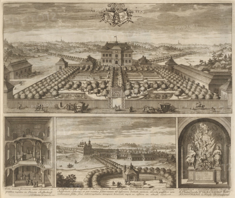 View of Årsta mansion, Åhrsta versus Orientem, Suecia Antiqua et Hodierna, print, album page, printmaker: Johannes Jacobsz van den Aveele, Stockholm, supervision: Erik Jönssen Dahlberg, 1710, paper, etching, height 282 mm x width 338 mm, housing, Herenhuis Årsta, Enskede-Årsta-Vantör, A detailed engraving shows a symmetrical garden and estate viewed from above, with a central multi-story house topped by a flag and a domed roof, flanked by smaller pavilions and long buildings. Formal garden beds and rows of trees radiate from the house toward a gated entrance in the foreground, with an ornate gateway breaking a wooden fence. Along the fence, carriages, horses, and small groups of people are depicted on a road. Beyond the estate, rolling countryside with scattered trees, fields, and distant buildings stretches to a textured sky. The lower portion of the sheet contains additional engravings, including an interior architectural view with columns and a multi-level hall, a landscape with a r...