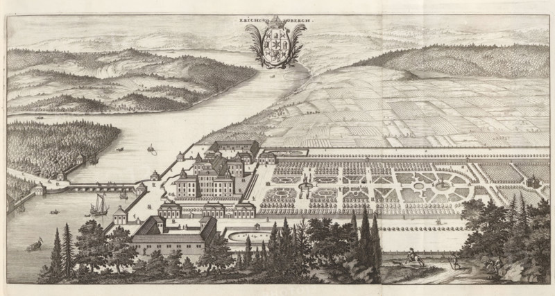Erichsbergh, Ericsberg Castle in a bird's-eye view, Suecia Antiqua et Hodierna, print, album page, printmaker: Willem Swidde, supervision: Erik Jönssen Dahlberg, 1694, Willem Swidde, Erik Jönssen Dahlberg, printmaker, supervision, paper, etching, etching in two parts, folded, height 213 mm x width 414 mm, housing, Slot Ericsberg, A wide engraved view showing a riverside estate with formal gardens and surrounding countryside, featuring a central complex of multi-story buildings with pitched roofs and smaller pavilion-like structures connected by walkways and walls, terraces stepping down toward the water, geometric garden beds with pathways and sculptural fountains, rows of evenly spaced trees and hedges forming parterres, a long balustrade or terrace running along the river edge, boats and small vessels on the river, a bridge or causeway with gatehouses crossing the water, wooded islands and forested banks opposite the estate, rolling hills and cultivated fields beyond, an ornamental o...