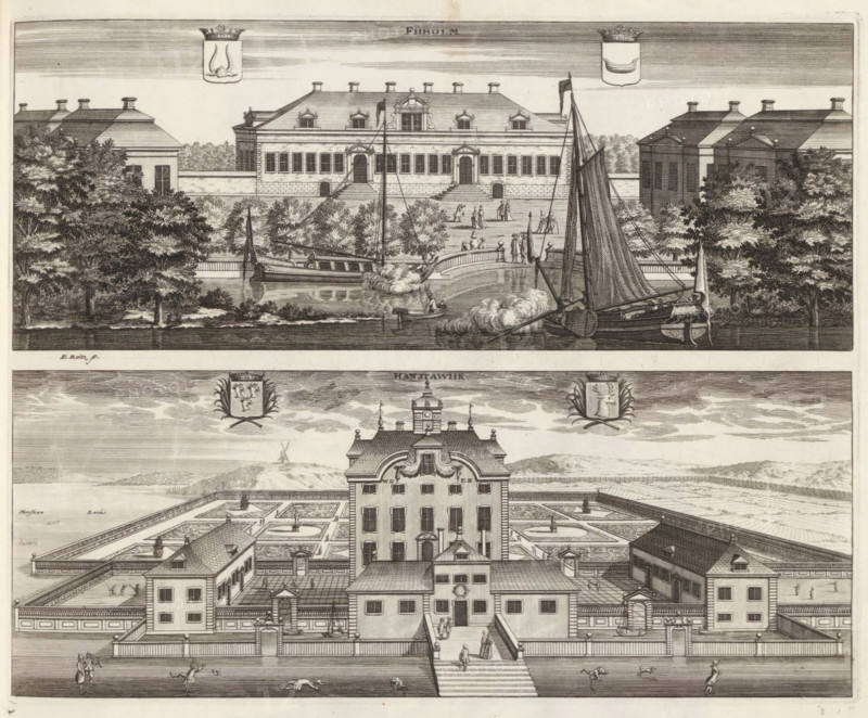 View of Fiholm Castle and Hanstavik estate, Fiiholm, Hanstawiik, Suecia Antiqua et Hodierna, print, album page, printmaker: Erik Reitz, Stockholm, supervision: Erik Jönssen Dahlberg, 1695, paper, etching, height 269 mm x width 336 mm, housing, Eskilstuna, Slot Fiholm, Hanstavik Estate, A detailed engraved scene shows a large formal building with a symmetrical facade, stepped entrances, and multiple windows, flanked by similar structures and rows of trees; a body of water with sailing vessels and smaller boats sits in front, with masts, sails, rigging, and reflected hulls, and a curved bridge connects the water to the terrace where small groups of people stand or walk on the steps and pathways; the lower portion presents a walled estate with a central multi-story house opening onto a landscaped geometric garden with parterres, pathways, and fountains, surrounded by outbuildings and enclosing walls, and various tiny figures in period clothing move about the grounds and walkways, while de...