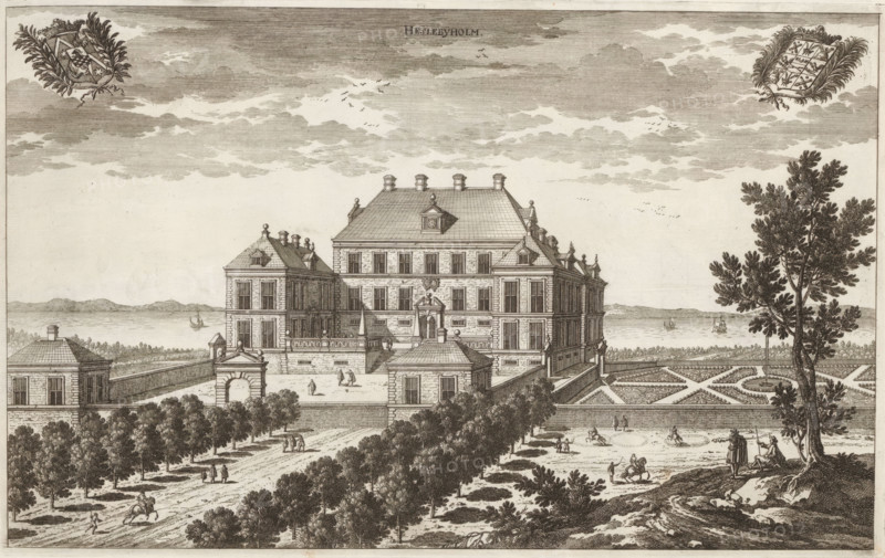 Heslebyholm, View of Hässelbyholm Castle, Suecia Antiqua et Hodierna, print, album page, printmaker: Adam Perelle, supervision: Erik Jönssen Dahlberg, 1670 - 1674, paper, etching, height 211 mm x width 339 mm, housing, Strängnäs, Slot Hässelbyholm, A detailed engraved view of a large formal stone building with a central block flanked by symmetrical wings, multiple chimneys on the roof, dormer windows, and decorative architectural details; a gated entrance with an arch leads into a courtyard in front of the building where a few small human figures are walking; a tree-lined avenue runs from the foreground toward the building with riders and pedestrians on the path; to the right a patterned parterre garden with geometric beds and a low wall sits beside a tall leafy tree with figures near its base; beyond the estate a body of water stretches to a distant shoreline with small sailing boats on the water; the sky is filled with textured clouds and scattered birds, and ornamental crests appear...