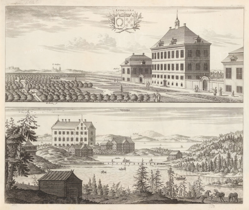 View of Ludgonäs mansion (now Trollesund) and Nynäs castle, Ludgonaes, Nynaes, Suecia Antiqua et Hodierna, print, album page, printmaker: Erik Reitz, supervision: Erik Jönssen Dahlberg, 1696, paper, etching, height 276 mm x width 332 mm, housing, Nyköping, Slot Nynäs, Herenhuis Trollesund, A wide engraved scene showing a large formal building with a steep roof and many windows beside a manicured garden with geometric paths, hedges, and trimmed trees, several small groups of people walking near the building and along the garden edges, a lower section depicting a shoreline with clustered buildings and boathouses on rocky ground, a calm body of water with small rowboats and a long wooden pier where people and a horse-drawn cart appear, wooded hills and scattered trees in the background, and in the foreground a fenced area with a small wooden structure and two horses with a person near them.