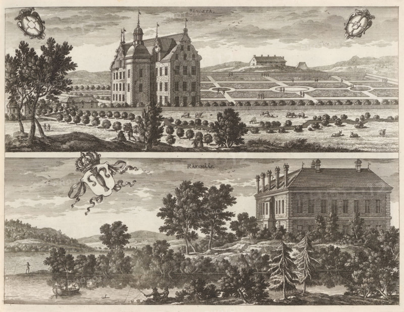 View of Rinkesta Castle and mansion Räfsnäs, Ringsta, Räesnääs, Suecia Antiqua et Hodierna, print, album page, printmaker: Nicolas Perelle, supervision: Erik Jönssen Dahlberg, 1670 - 1674, paper, etching, height 261 mm x width 344 mm, housing, Strängnäs, Eskilstuna, Slot Rinkesta, Räfsnäs Mansion, A detailed engraving shows two horizontal scenes separated by a narrow blank band: the upper scene features a large ornate manor with tall windows and steep gables set behind a formal parterre garden of symmetrical patterned beds and circular fountains, with small figures walking the paths and animals grazing in the foreground meadow, framed by clusters of trees and a few small outbuildings and distant hills; decorative cartouches appear near the top corners. The lower scene depicts a riverside landscape with a classical house rising on the right, tall trees and rocky ground in front, a calm river with small boats and figures fishing, and rolling wooded hills and distant landscape across the ...