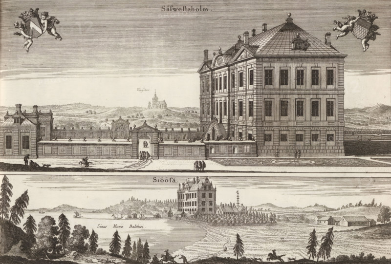View of Sävstaholm castle and house Sjösa, Säfwestaholm, Siöösa, Suecia Antiqua et Hodierna, print, album page, printmaker: Jean Lepautre, supervision: Erik Jönssen Dahlberg, 1670, paper, etching, height 260 mm x width 388 mm, housing, Nyköping, Huis Sjösa, Slot Sävstaholm, An engraving showing an elevated view of a large multi-story stone building with many tall windows and a hipped roof, connected to lower wings and a walled courtyard and gate; small groups of people are depicted walking near the entrance and along the façade, and a few figures and animals are shown in the foreground lawn and pathways; a distant landscape of rolling hills and a church sits beyond the walls; in the margins above the building two cherubic figures hold ornamental shields, and below the scene another engraved landscape with trees, a shoreline, and a multi-story house is partially visible.