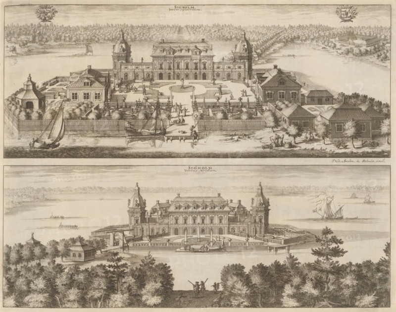View of the Sjöholm country house, from the north and the south, Siöholm versus Septentrionem, Siöholm versus Meridiem, Suecia Antiqua et Hodierna, print, album page, printmaker: Johannes Jacobsz van den Aveele, Stockholm, supervision: Erik Jönssen Dahlberg, 1706, paper, etching, height 270 mm x width 345 mm, housing, Landhuis Sjöholm, A detailed engraved view shows a grand baroque palace with two tall corner towers and a central mansard roof, flanked by symmetrical outbuildings and formal gardens enclosed by a fence; a waterfront with small sailing boats and a dock sits in front of the estate, where figures walk along paths, stand by the water, and attend to boats; the gardens display gravel paths, hedges, statues, and fountains, and smaller pavilions and trees surround the main complex; the background features a wooded shoreline with scattered buildings and distant boats on calm water, and the composition is rendered in fine line work with shading to indicate architectural details, f...