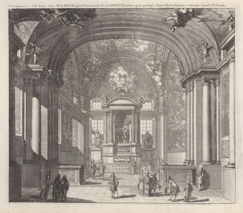 Chori primarii in Aede Sacra Arcis Holmensis, Choir of the old chapel in the Tre Kronor castle, Suecia Antiqua et Hodierna, print, album page, printmaker: Willem Swidde, supervision: Erik Jönssen Dahlberg, 1695, paper, etching, height 285 mm x width 328 mm, parts of church interior: chapel, parts of church interior: choir, Sweden, Stockholm, Södermalm, Gamla stan, Tre Kronor Castle, An interior view of a large ornate hall with a high vaulted ceiling decorated with elaborate frescoes and sculpted angels, fluted columns with ornate capitals lining both sides, arched windows and architectural pediments above an altar-like structure, groups of people in period clothing standing and walking on a tiled floor, detailed wall panels and reliefs, balustrades and steps leading toward the central raised area, and sculptural figures positioned on ledges and within the ceiling decoration.