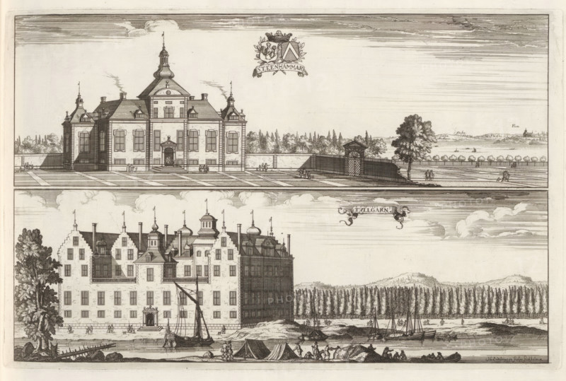 View of Stenhammar Castle and Tullgarn Castle, Steenhammar, Tullgarn, Suecia Antiqua et Hodierna, print, album page, printmaker: Herman Padtbrugge, Stockholm, supervision: Erik Jönssen Dahlberg, 1686, paper, etching, height 225 mm x width 352 mm, housing, Slot Stenhammar, Slot Tullgarn, A detailed engraving shows two large multi-story buildings stacked vertically, each with ornate roofs, chimneys, dormer windows, and decorative gables; the upper building sits behind a formal terrace with geometric paving, a low wall, a gate with trellis work, and a tree beside a path, while small groups of people are scattered on the terrace and near the gate; the lower building faces a waterfront where several sailing vessels are moored, tents and figures line the shore, and a dense row of tall trees and distant hills form the background, with clouds and horizontal line shading filling the sky areas.