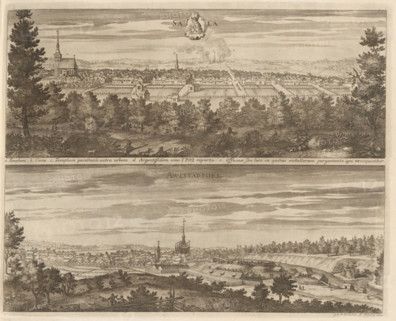 Sala, Awestadfors, View of Sala and Avesta, Suecia Antiqua et Hodierna, print, album page, printmaker: Johannes Jacobsz van den Aveele, Stockholm, supervision: Erik Jönssen Dahlberg, 1704, paper, etching, height 271 mm x width 338 mm, city-view in general, 'veduta', Avesta, A landscape etching showing two panoramic town views stacked vertically, each with rows of closely packed houses and prominent church towers rising above the roofs, framed by trees and wooded foregrounds; the upper view presents cultivated fields and garden plots in front of the town, with scattered small buildings and pathways, and distant smoke or clouds near the horizon, while the lower view shows a fortified or fenced settlement with a larger church spire, surrounding trees, gently rolling terrain, and small figures and carts in the foreground.