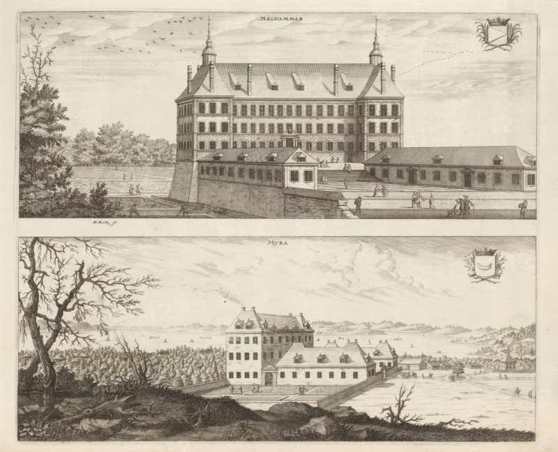 View of Målhammar Manor and Myrö House, Målhammar, Myra, Suecia Antiqua et Hodierna, print, album page, printmaker: Erik Reitz, supervision: Erik Jönssen Dahlberg, 1696, paper, etching, height 277 mm x width 334 mm, war and peace, Västeras, Örebro (city), Myrö Manor, Målhammar Manor, A detailed engraving shows two views of large multi-story buildings set in landscaped grounds, each with steep pitched roofs, dormer windows, and symmetrical facades. In the upper view a tall rectangular building with corner towers and a central entrance sits behind a lower terrace structure with a stepped balustrade, and small human figures are depicted on the steps and walking along the terrace. Trees and foliage frame the left side and a flock of birds is visible in the sky. In the lower view a similar large building is set behind formal garden beds and paths, with a bare-branched tree in the foreground on a rocky slope, additional smaller buildings and distant shoreline elements in the background, and ...