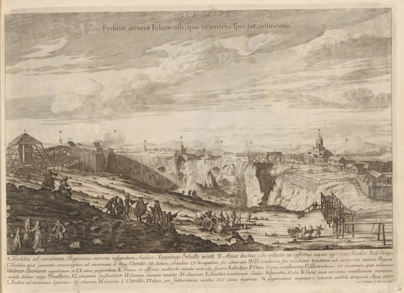 Fodinae aerariae Falunensis, qua orientem spectat, delineatio, View of the copper mine near Falun, Suecia Antiqua et Hodierna, print, album page, printmaker: Johannes Jacobsz van den Aveele, Stockholm, supervision: Erik Jönssen Dahlberg, 1701, paper, etching, height 260 mm x width 368 mm, mine, Falun, A detailed engraved landscape showing a wide river or gorge with steep rocky cliffs and cascading water, a wooden bridge and timber structures spanning the chasm, multiple small buildings and a church with a tower on the far side, groups of people walking and standing along the rocky foreground and near the water, carts and horses on a path by the river, scaffolding and mechanical wooden frameworks near the water’s edge, distant hills and clustered buildings on the horizon, and a sky filled with layered clouds.